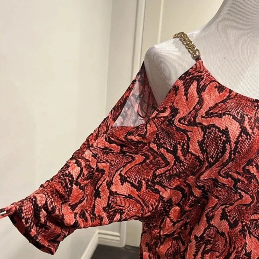 Michael Kors Red and Black Swirl Blouse with Gold Chains 3/4 sleeves